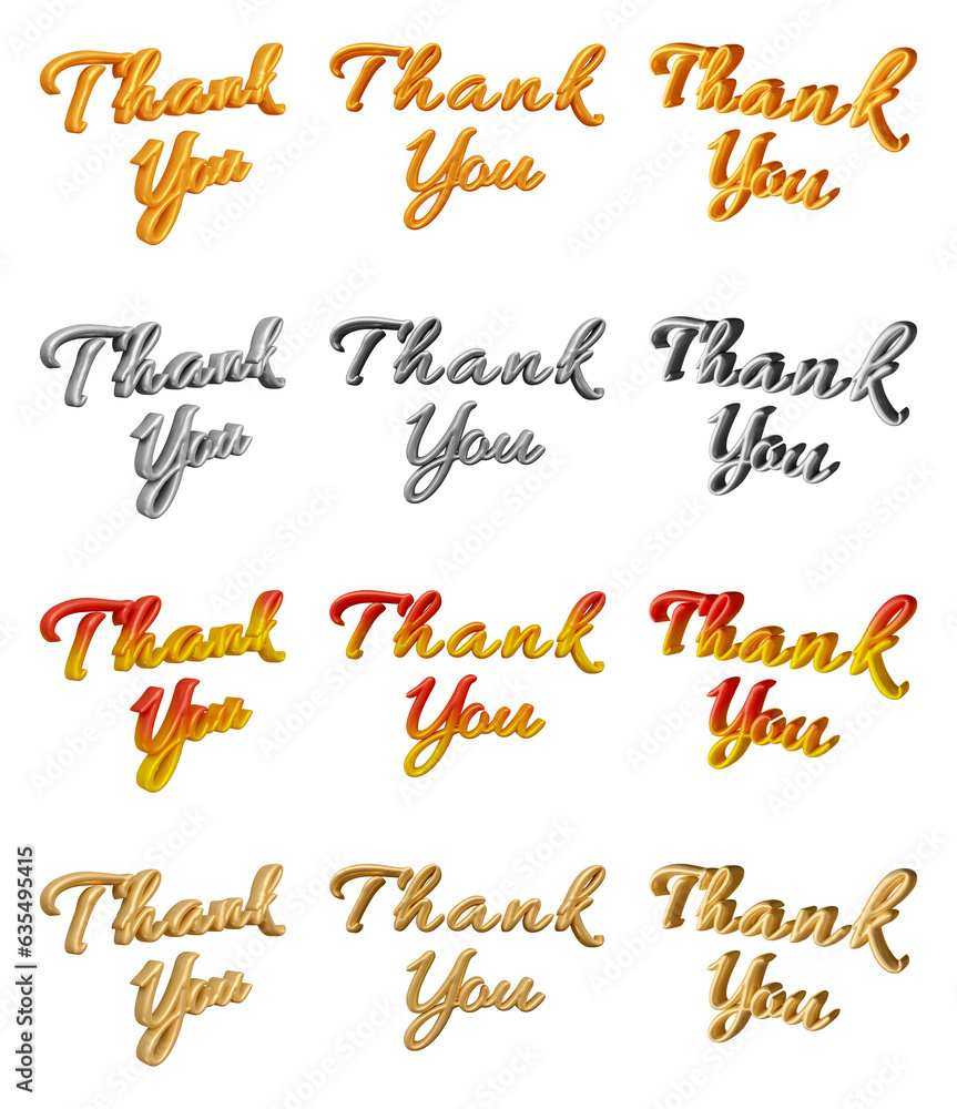 Set of thank you word typography design isolated on transparent background in 3d rendering for message, business concept. Set of thank you word typography design isolated on transparent background in 3d rendering for message, business concept.