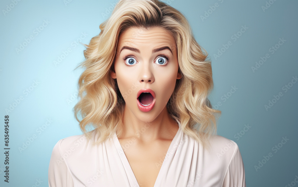 Young ultra beauty manager girl was Surprised and excited, opening eyes and mouth, Bright solid light color background. created by generative AI technology. Young ultra beauty manager girl was Surprised and excited, opening eyes and mouth, Bright solid light color background. created by generative AI technology.