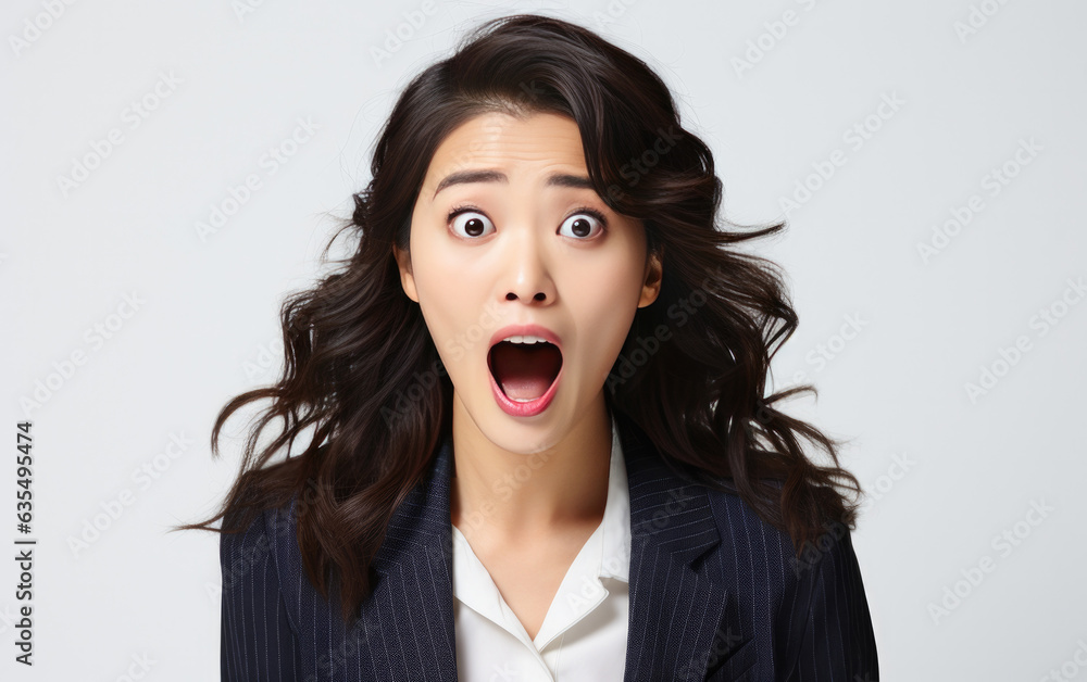 Young ultra beauty manager girl was Surprised and excited, opening eyes and mouth, Bright solid light color background. created by generative AI technology. Young ultra beauty manager girl was Surprised and excited, opening eyes and mouth, Bright solid light color background. created by generative AI technology.