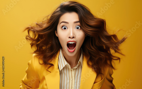Young ultra beauty manager girl was Surprised and excited, opening eyes and mouth, Bright solid light color background. created by generative AI technology. © hakule