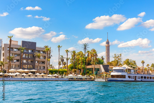 Picturesque bank of the Nile and Tower of Cairo, Egypt