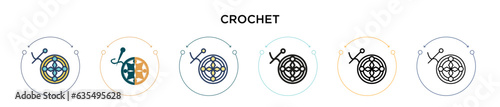 Crochet icon in filled, thin line, outline and stroke style. Vector illustration of two colored and black crochet vector icons designs can be used for mobile, ui, web
