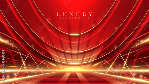 Red stage scene and gold curve lines element with glitter light effect decorations and bokeh. Luxury background. Vector illustration.