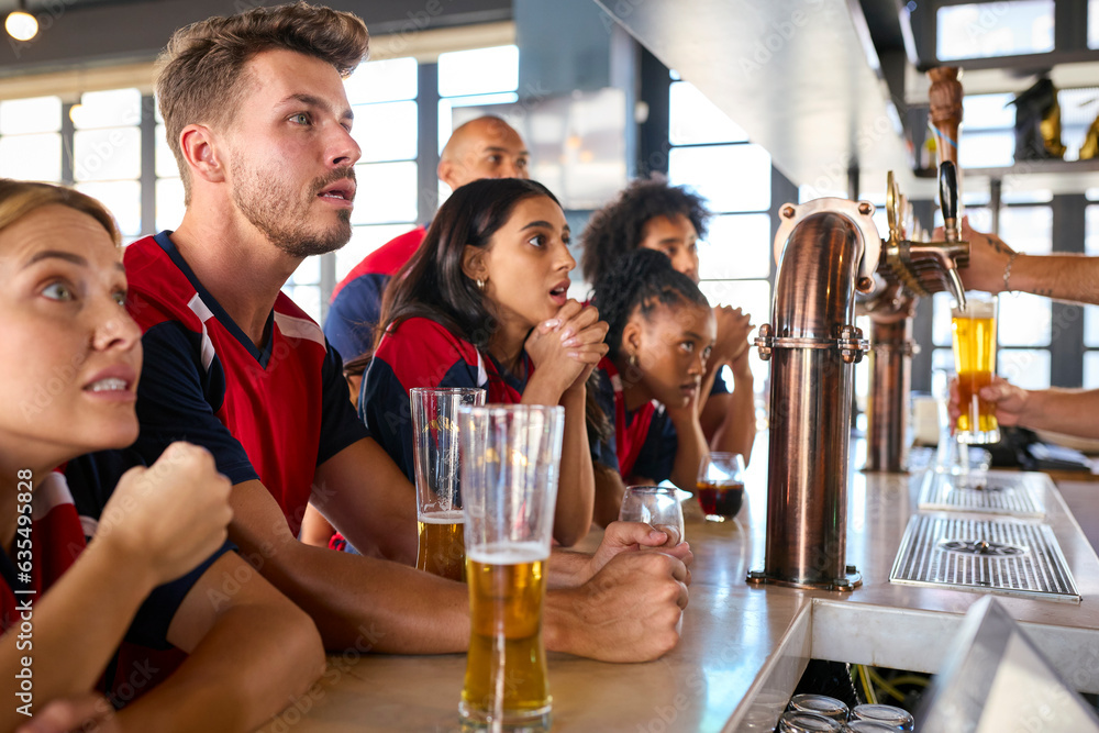 Multi-Cultural Group Of Friends Wearing Team Shirts In Sports Bar Celebrating Watching Game On TV Multi-Cultural Group Of Friends Wearing Team Shirts In Sports Bar Celebrating Watching Game On TV