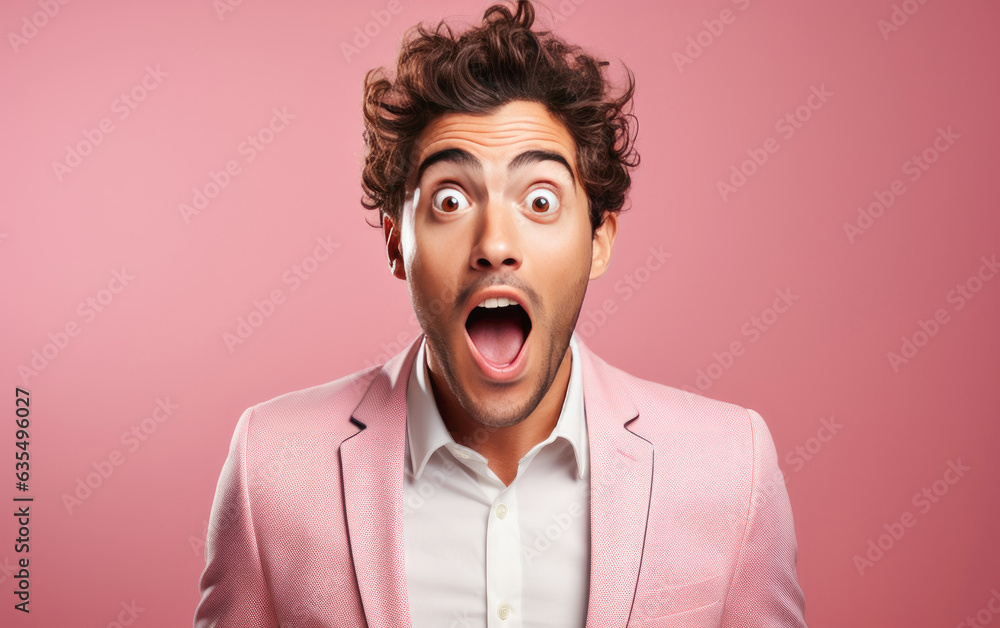 Young ultra handsome manager man was Surprised and excited, opening eyes and mouth, Bright solid light color background. created by generative AI technology. Young ultra handsome manager man was Surprised and excited, opening eyes and mouth, Bright solid light color background. created by generative AI technology.