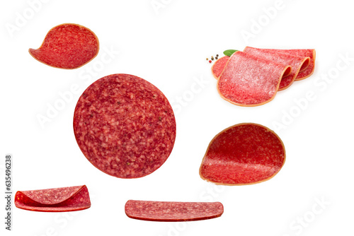 Falling tasty salami isolated on white