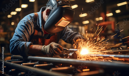 Industrial Worker Welding Pipe: An industrial worker welds a pipe, their skills and expertise essential to the construction of a new pipeline.