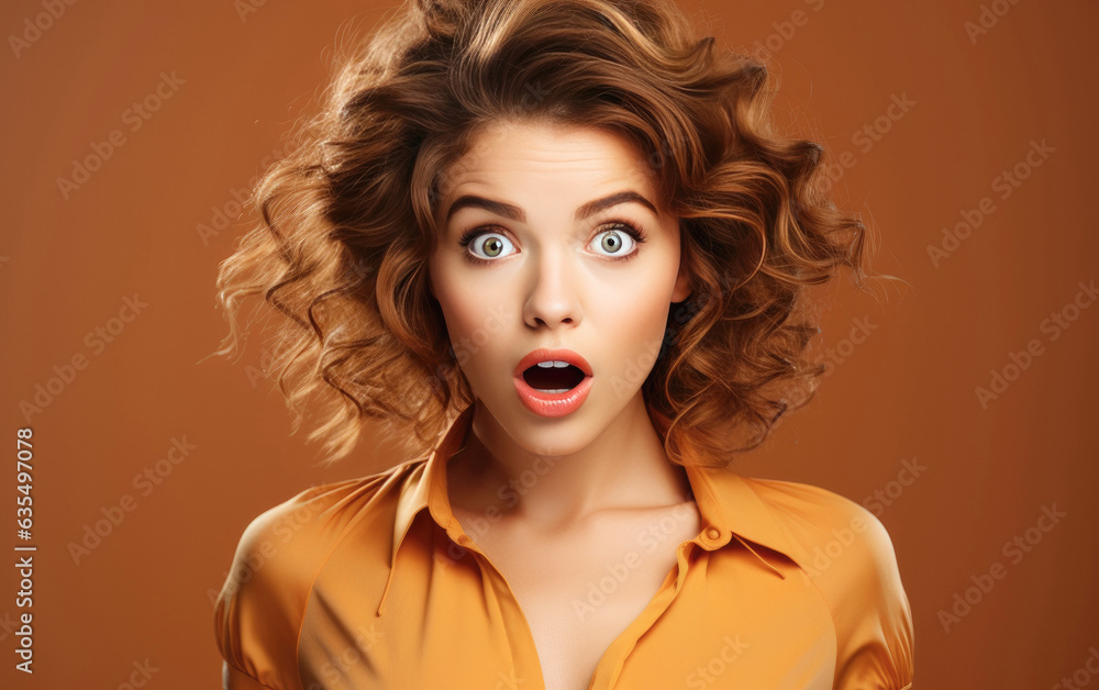 Fototapeta premium Young ultra beauty manager girl was Surprised and excited, opening eyes and mouth, Bright solid light color background. created by generative AI technology.