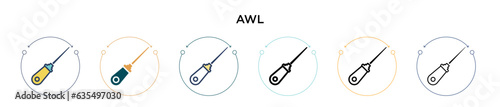 Awl icon in filled, thin line, outline and stroke style. Vector illustration of two colored and black awl vector icons designs can be used for mobile, ui, web