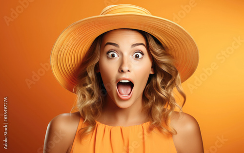Young ultra beauty fashion girl was Surprised and excited in summer, opening eyes and mouth, Bright solid light color background. created by generative AI technology.