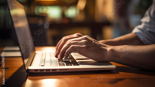Close up of a business man working on a laptop, typing with his hands for work in office environment home office