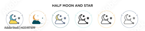 Half moon and star icon in filled, thin line, outline and stroke style. Vector illustration of two colored and black half moon and star vector icons designs can be used for mobile, ui, web