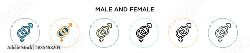 Male and female symbol icon in filled, thin line, outline and stroke style. Vector illustration of two colored and black male and female symbol vector icons designs can be used for mobile, ui, web