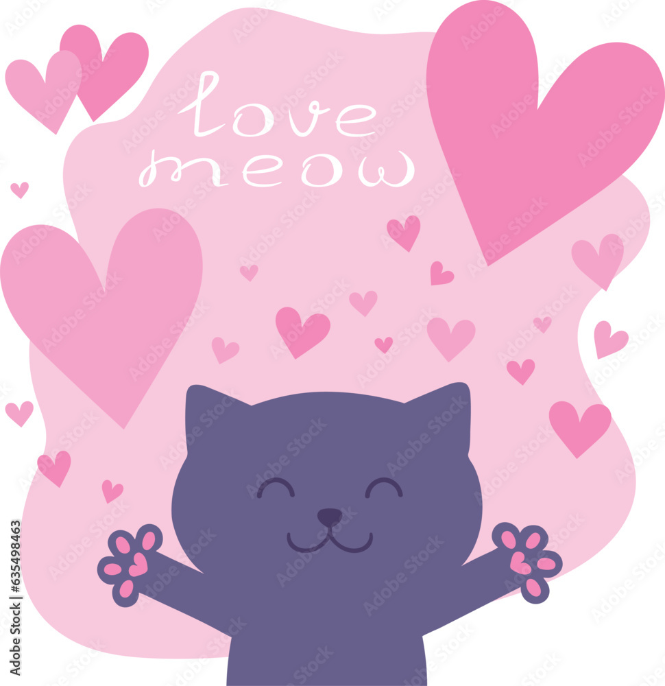 Cartoon cat asks for love. Cute hugging cat in childish style with a text Love meow and hearts. Vector illustration
