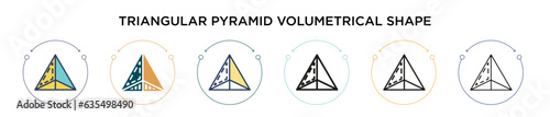 Triangular pyramid volumetrical shape icon in filled, thin line, outline and stroke style. Vector illustration of two colored and black triangular pyramid volumetrical shape vector icons designs can