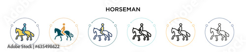 Horseman icon in filled, thin line, outline and stroke style. Vector illustration of two colored and black horseman vector icons designs can be used for mobile, ui, web