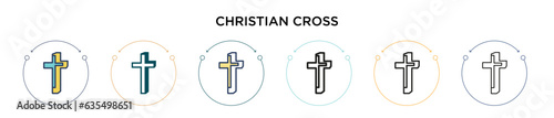 Christian cross icon in filled, thin line, outline and stroke style. Vector illustration of two colored and black christian cross vector icons designs can be used for mobile, ui, web