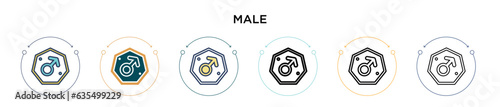 Male symbol icon in filled, thin line, outline and stroke style. Vector illustration of two colored and black male symbol vector icons designs can be used for mobile, ui, web