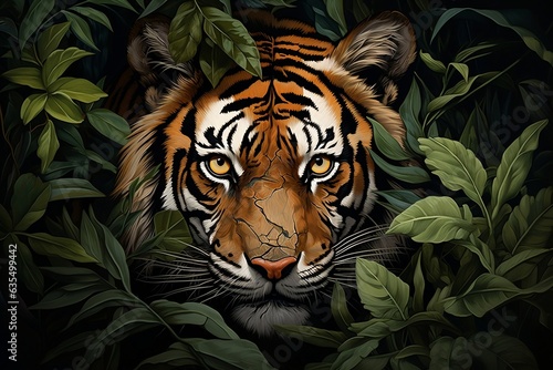 A tiger in the jungle with green leaves, Generative Ai