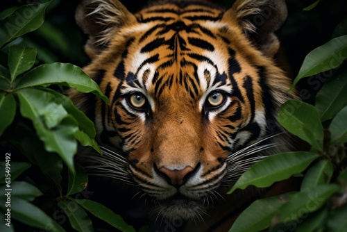A tiger in the jungle with green leaves, Generative Ai © zainab