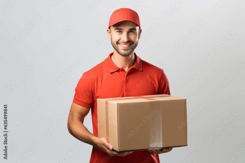 A young man wearing a polo shirt handed over a box of parcels to the side. white background portrait A young man wearing a polo shirt handed over a box of parcels to the side. white background portrait