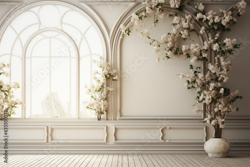 A white room with an arch and flowers on the wall, Generative Ai