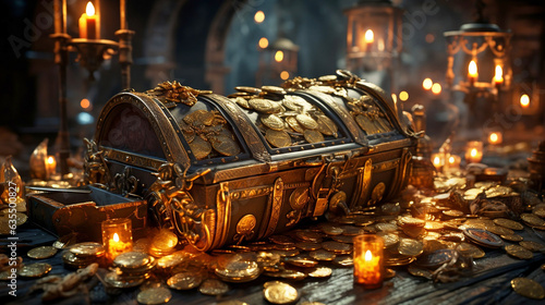 Glowing Treasure in a room with piles of gold. Steampunk