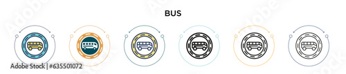 Bus icon in filled, thin line, outline and stroke style. Vector illustration of two colored and black bus vector icons designs can be used for mobile, ui, web