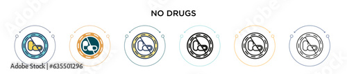 No drugs icon in filled, thin line, outline and stroke style. Vector illustration of two colored and black no drugs vector icons designs can be used for mobile, ui, web