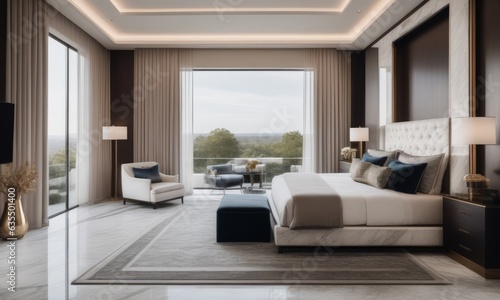 A Luxurious Master Bedroom, A Modern White Marble Haven, With Wide-Angle View, High-End Modern Luxury © Arhitercture