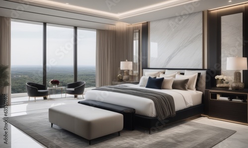 A Luxurious Master Bedroom, A Modern White Marble Haven, With Wide-Angle View, High-End Modern Luxury © Arhitercture