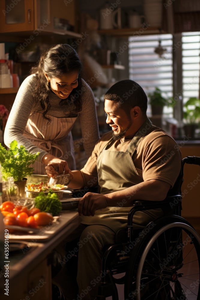 People with disabilities in a wheelchair perform daily tasks. Families with disabilities cook together, eat, communicate, laugh, showcasing the beauty of shared moments that transcend differences. People with disabilities in a wheelchair perform daily tasks. Families with disabilities cook together, eat, communicate, laugh, showcasing the beauty of shared moments that transcend differences.