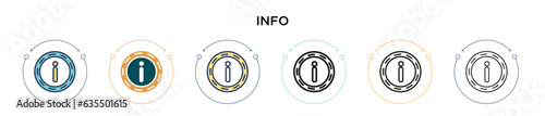 Info icon in filled, thin line, outline and stroke style. Vector illustration of two colored and black info vector icons designs can be used for mobile, ui, web