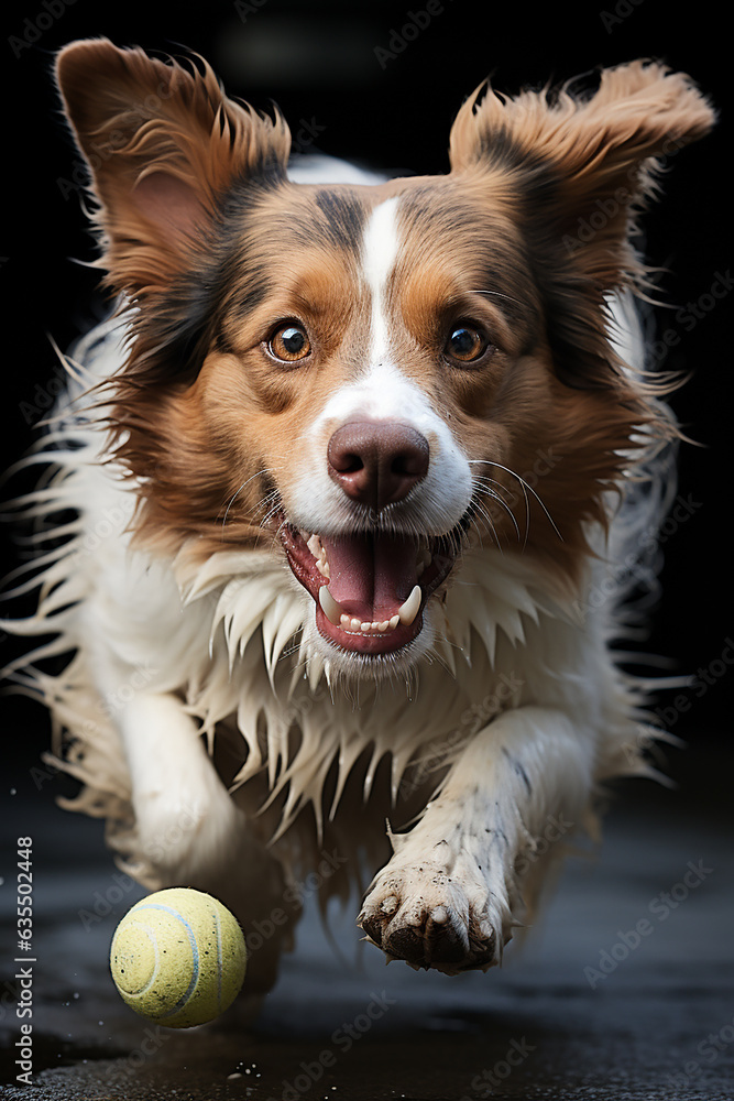 Dynamic movement of a dog chasing one ball, celebrating the spirit of play, generative AI
