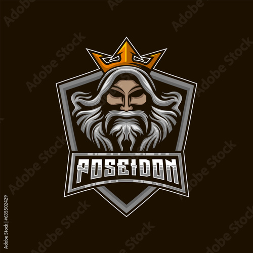 Poseidon King Mascot E-Sport Logo Design Vector Illustration Template