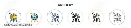Archery icon in filled, thin line, outline and stroke style. Vector illustration of two colored and black archery vector icons designs can be used for mobile, ui, web