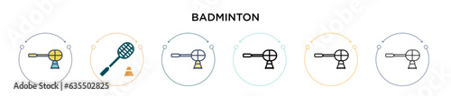 Badminton icon in filled, thin line, outline and stroke style. Vector illustration of two colored and black badminton vector icons designs can be used for mobile, ui, web