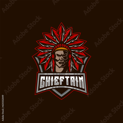 Chieftain Man Mascot E-Sport Logo vintage style chief Apache design character vector illustration