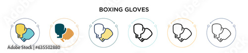 Boxing gloves icon in filled, thin line, outline and stroke style. Vector illustration of two colored and black boxing gloves vector icons designs can be used for mobile, ui, web
