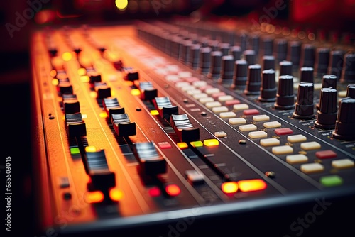 a sound mixing concole in a sound studio - closeup (Generative AI)