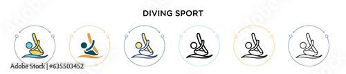 Diving sport icon in filled, thin line, outline and stroke style. Vector illustration of two colored and black diving sport vector icons designs can be used for mobile, ui, web