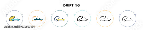 Drifting icon in filled, thin line, outline and stroke style. Vector illustration of two colored and black drifting vector icons designs can be used for mobile, ui, web