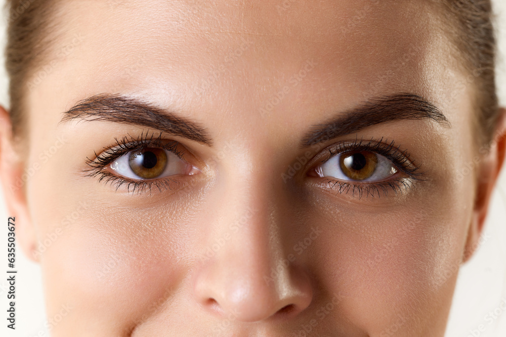 Fototapeta premium Brown eyes. Close up portrait of beautiful young girl looking at camera. Natural looking lashes and eyebrows. Concept of cosmetics, makeup, beauty and spa, skin care, cosmetology, ad