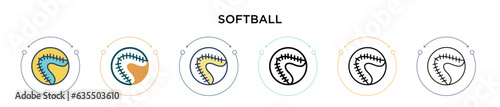 Softball icon in filled, thin line, outline and stroke style. Vector illustration of two colored and black softball vector icons designs can be used for mobile, ui, web