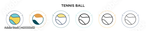 Tennis ball icon in filled, thin line, outline and stroke style. Vector illustration of two colored and black tennis ball vector icons designs can be used for mobile, ui, web