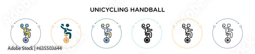 Unicycling handball icon in filled, thin line, outline and stroke style. Vector illustration of two colored and black unicycling handball vector icons designs can be used for mobile, ui, web