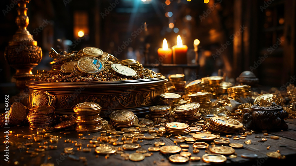 Glowing Treasure in a room with piles of gold. Steampunk - obrazy, fototapety, plakaty 