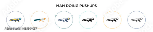 Man doing pushups icon in filled, thin line, outline and stroke style. Vector illustration of two colored and black man doing pushups vector icons designs can be used for mobile, ui, web