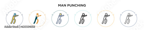 Man punching icon in filled, thin line, outline and stroke style. Vector illustration of two colored and black man punching vector icons designs can be used for mobile, ui, web