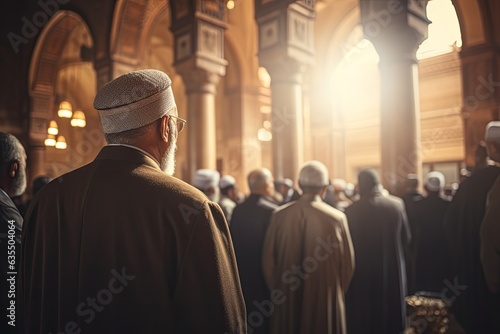 arab muslims praying together in a mosque (Generative AI)